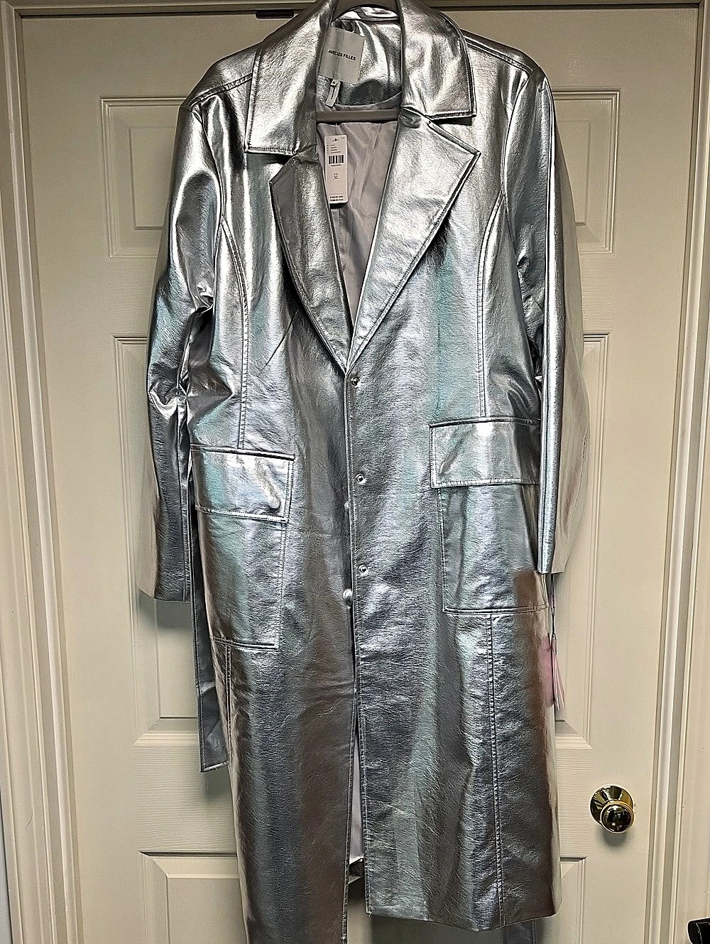Avec Les Filles Metallic Vegan Leather Trench Coat Silver XL